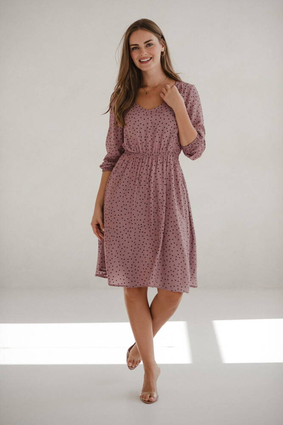 Lovely Dress sukienka ciążowa i do karmienia rękaw 3/4 Milk&Love liliowa w czarne groszki