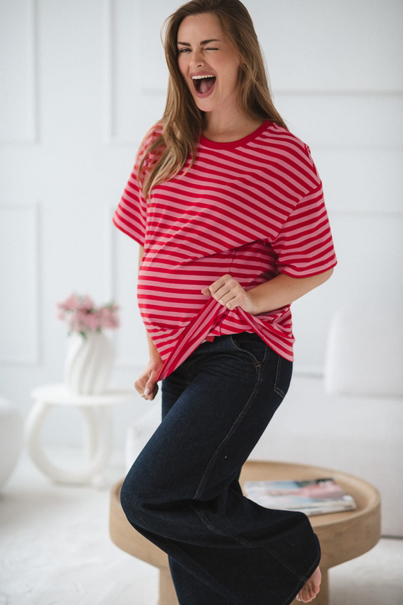 Mamahood Těhotenské a kojící tričko Milk&Love červeno-růžové pruhy - pohodlné a stylové