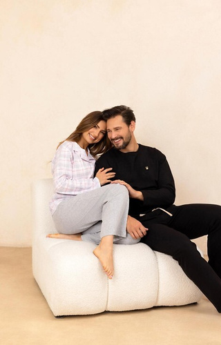 727 Dámské pyžamo Regina šedá - 100% bavlna, kostkovaná košile, zapínání na knoflíky