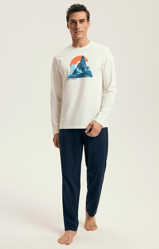 43475 Loji Pánské pyžamo Henderson Core white - bavlněný komplet s horským potiskem