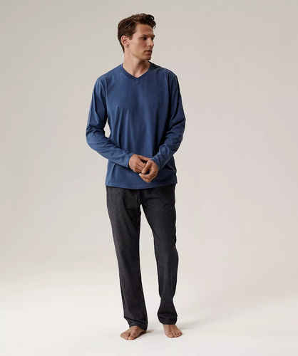 Pánské pyžamo NMP-389 Atlantic - modrá bavlna, dlouhý rukáv, stylový komplet pro chladné noci