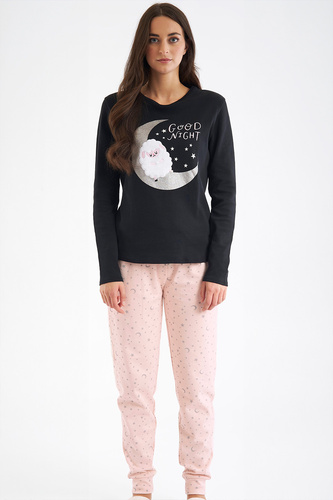Shearly Dámské pyžamo Sorbetto černé - 100% bavlna, 3D aplikace, kalhoty na šňůrky