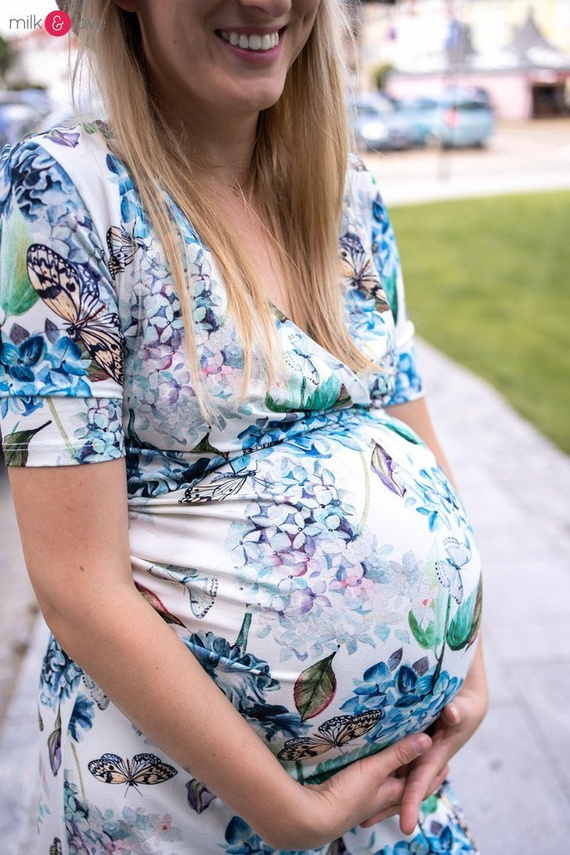 Sukienka ciążowa i do karmienia Two Ways LONG Milk&Love granatowa w tropikalne liście 