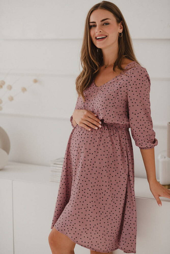 Lovely Dress sukienka ciążowa i do karmienia rękaw 3/4 Milk&Love liliowa w czarne groszki