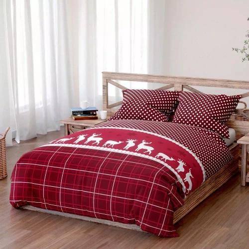 1A Vánoční bavlněné povlečení Spod Igły i Nitki - červený kostkovaný hrášek, sada na zip, 100% bavlna