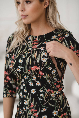 Milky Classic Sukienka do karmienia Milk&Love rękaw 3/4 czarna w rumianki