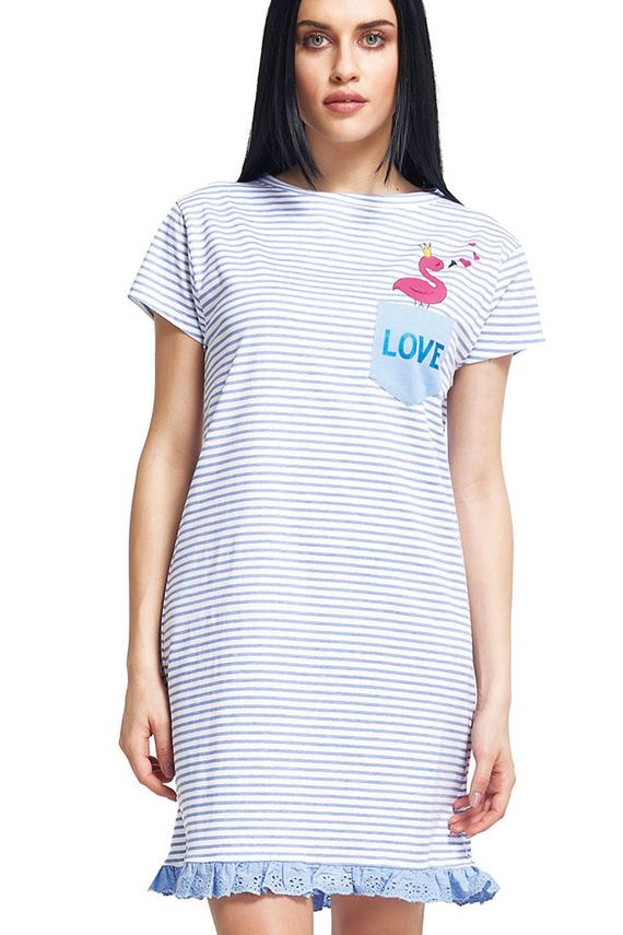 Oxksana Modrá noční košile - 100% bavlna, pruhy a volánky