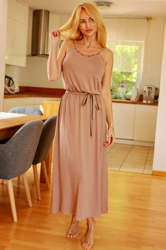 Grace Mirale - Dlouhé viskózové šaty s rozparkem | Polská výroba - latte