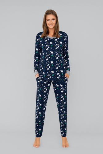 Ava Dámské pyžamo s dlouhým rukávem a kalhoty Italian Fashion - tmavě modrý potisk