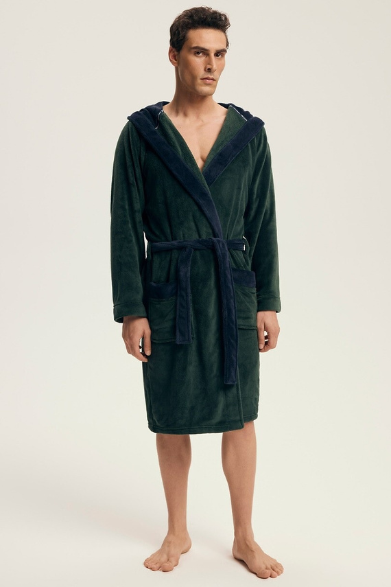 Pánský župan Henderson 43377 Natch green- kapuce, teplý úplet, pohodlí a elegance