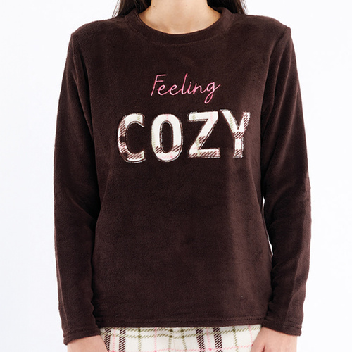 Hnědé pyžamo Liliana Sorbetto - hřejivý kostkovaný fleece s výšivkou