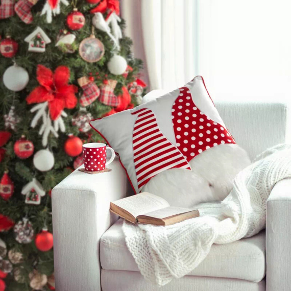 Chp 152 Eurofirany Vánoční povlak na polštář - bílý s červenými skřítky, dekorativní