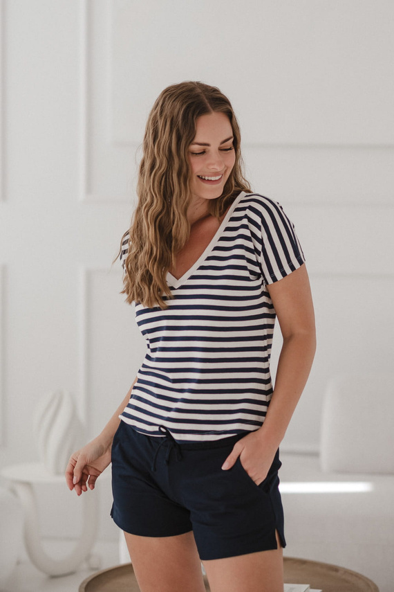Těhotenská a kojící halenka Two Ways | Krátký rukáv, pohodlná Milk&Love námořnická modrá a bílé pruhy