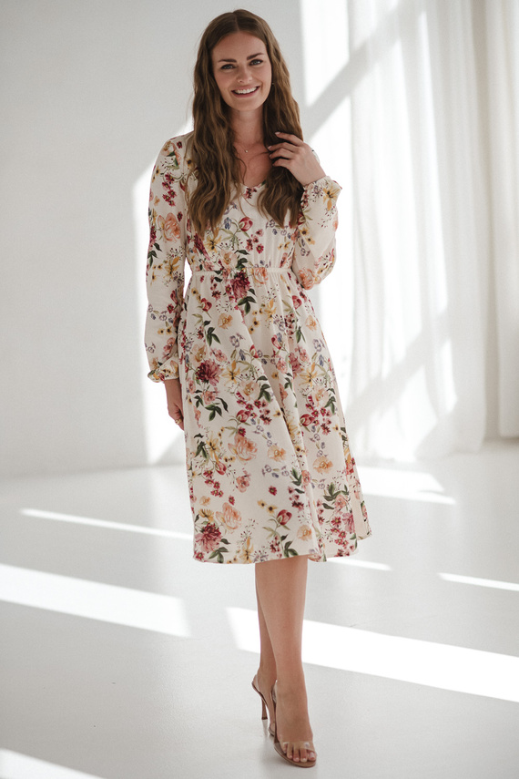 Krásné šaty Midi Milk&Love krémové květinové těhotenské a kojící šaty ze lnu, elegantní střih s kojícími zipy