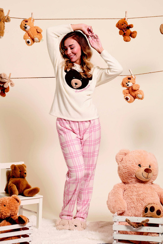 Madlen Dámské pyžamo Sorbetto ecru - fleece, s výšivkou medvídka a kostkovanými kalhotami