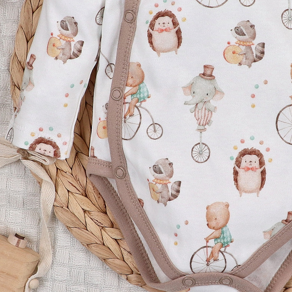 ABN-5581 Cirkusové dětské obálkové body od Nini - 100% organická bavlna, zapínání bez niklu, vyrobeno v Polsku