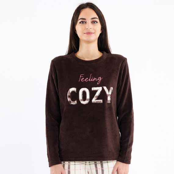 Hnědé pyžamo Liliana Sorbetto - hřejivý kostkovaný fleece s výšivkou