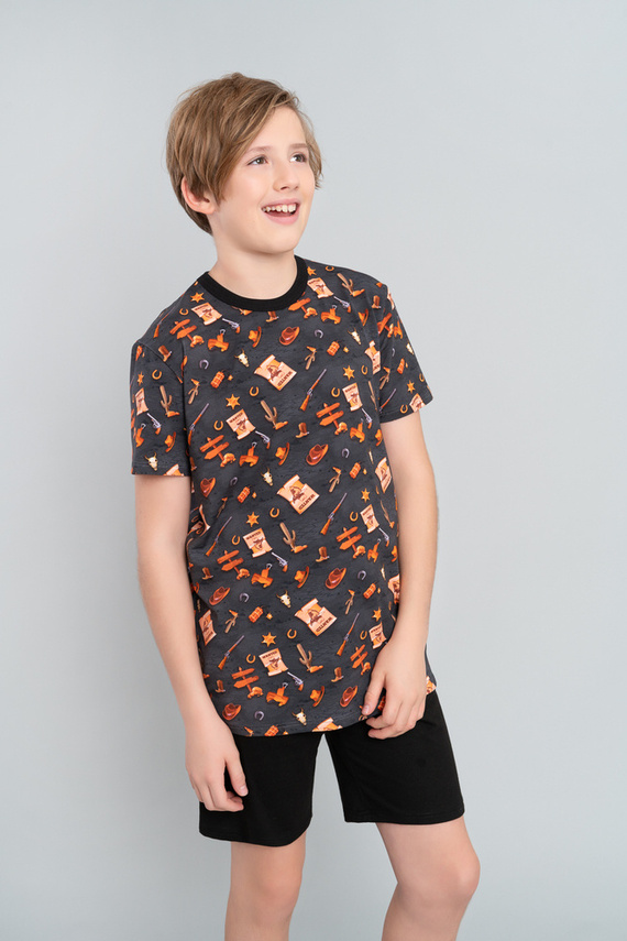 Westernové chlapecké pyžamo s krátkým rukávem, kalhoty Italian Fashion- graphite/black