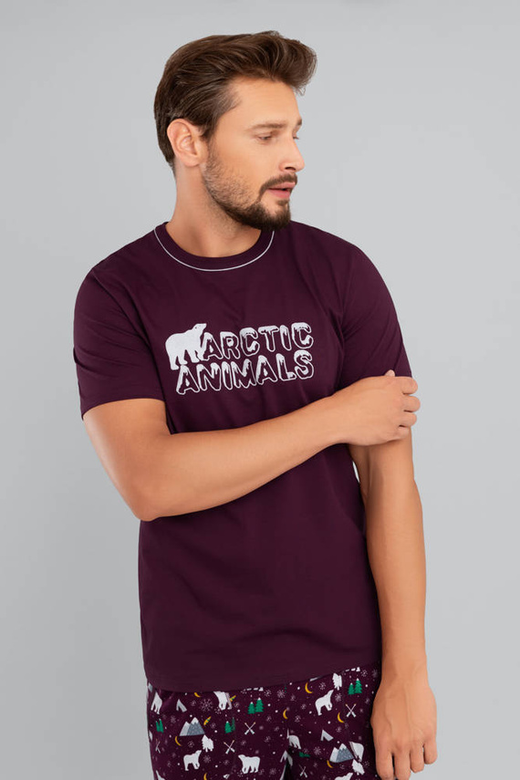 Manfred Pánské pyžamo s krátkým rukávem, dlouhé kalhoty Italian Fashion- bordó/print bordó