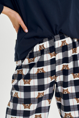 3441 Astrid dámské bavlněné pyžamo Taro navy blue - dlouhý rukáv, kostkované flanelové kalhoty