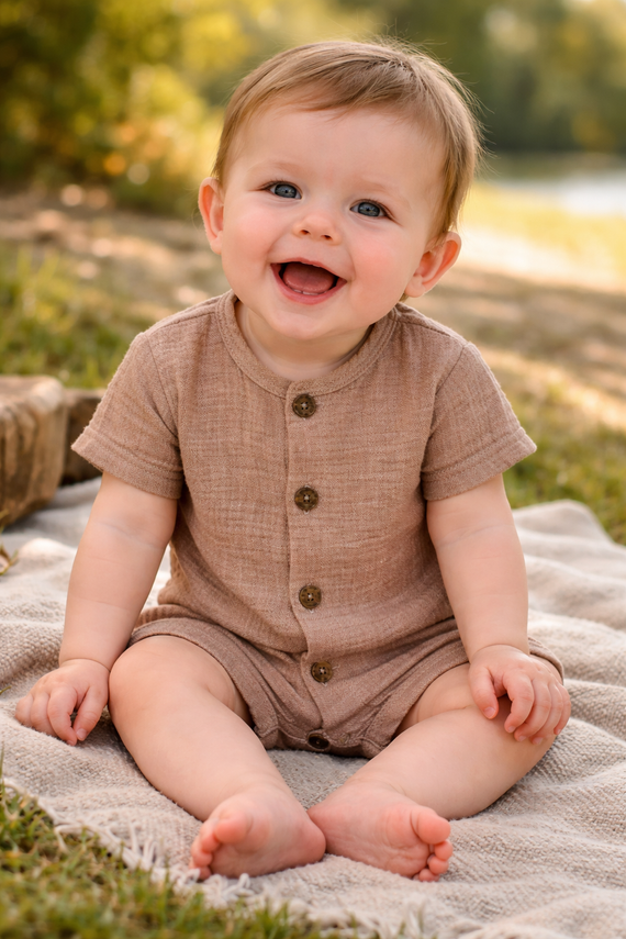 Baby Rampers Just Muslin 02235RL Makoma latte - mušelín 100% bavlna, krátký rukáv