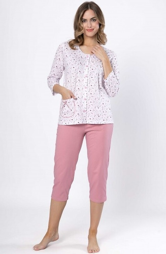 Dámské pyžamo Dobrusia 1636 - růžové bavlněné, 3/4 rukáv, zapínání na knoflíky