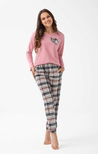 322 Luna pink - dámské bavlněné pyžamo, srdíčka, dlouhý rukáv, kostkované kalhoty