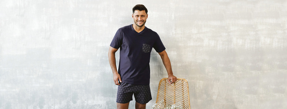 Diaz Pánské pyžamo s krátkým rukávem, šortky Italian Fashion - námořnická modř/potisk