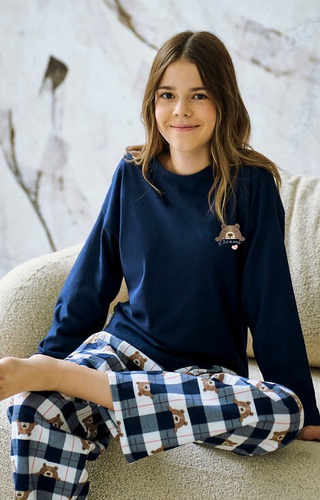 3503 Astrid Taro dívčí pyžamo námořnická modř - bavlna, potisk, kostkované kalhoty