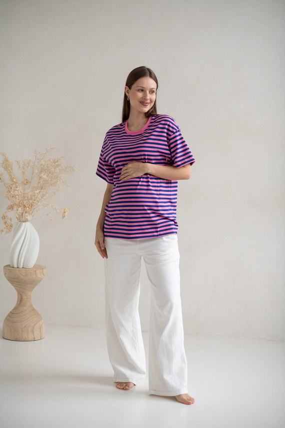 Mamahood Milk&Love růžové a modré pruhované těhotenské a kojící tričko - pohodlné a stylové