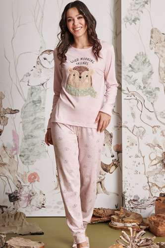 Antea Dámské růžové pyžamo Sorbetto - dlouhé, růžové, s 3D aplikací, žerzej, bavlna