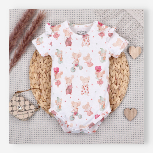 Dětské body Nini Little Mouse organická bavlna zapínání na rameni krátký rukáv