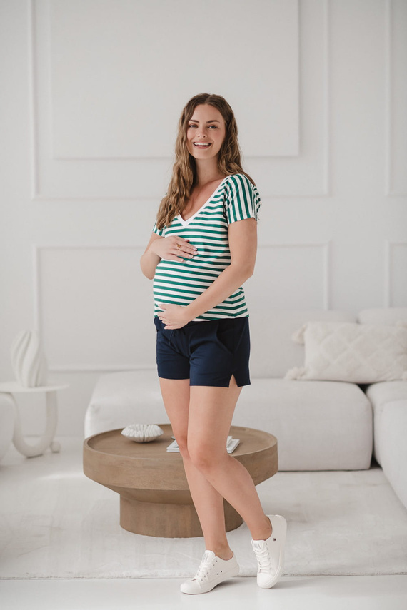 Těhotenská a kojící halenka na dva způsoby | Krátký rukáv, pohodlné zelené a bílé pruhy Milk&Love