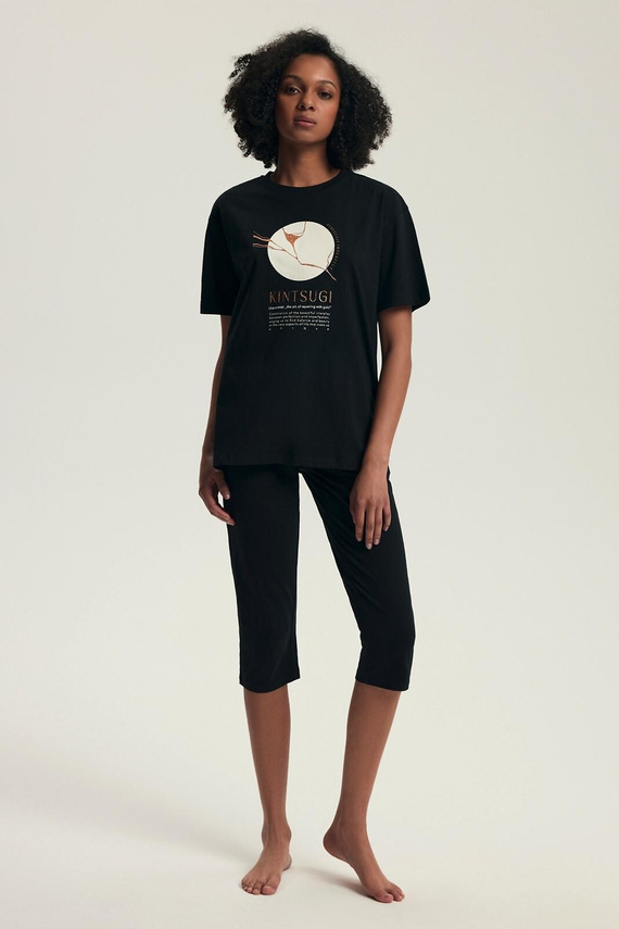 Dámské pyžamo 43728 Dairoku černé - bavlna, krátký rukáv, rybářské kalhoty