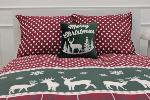 Vánoční bavlněné povlečení Spod Igły i Nitki - sobí kostka červená hrášková zelená, sada se zipem, 100% bavlna