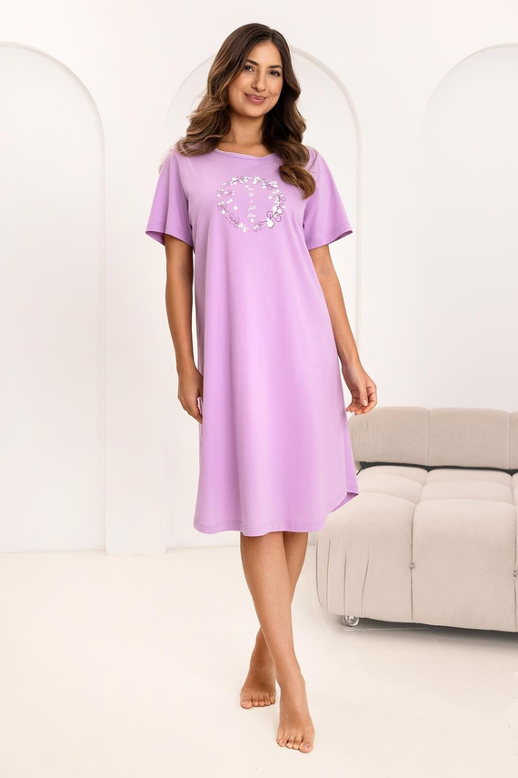 Regina 176 noční košile, bavlna, krátký rukáv, půlkulatý výstřih, potisk - fialová