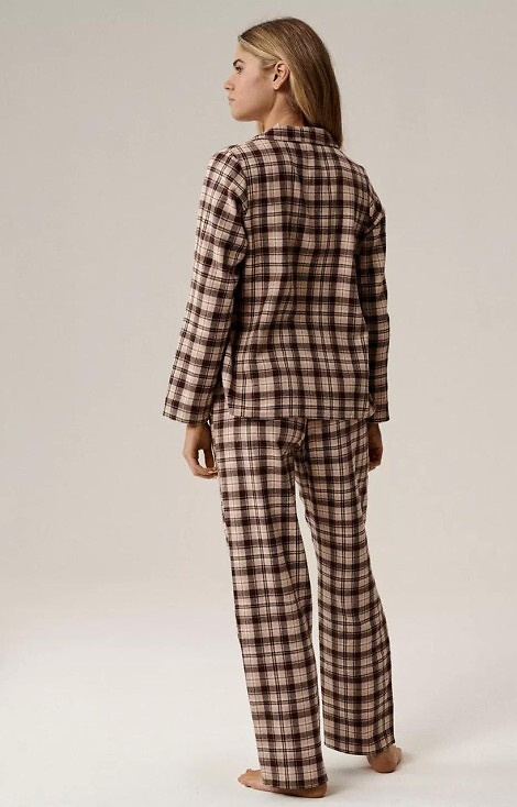NLP-505 Atlantic dámské pyžamo hnědé - flanel, zapínání na zip, kostkovaný, bavlna