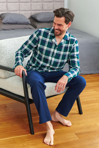Doctor Nap 7367 - pánské bavlněné pyžamo s kostkovanou košilí | 100% bavlna, polská výroba - smaragdová barva