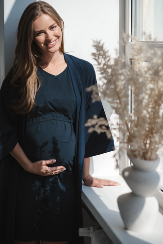 Těhotenský župan Milk&Love navy blue - bavlna s elastanem, pohodlný, rukáv 7/8