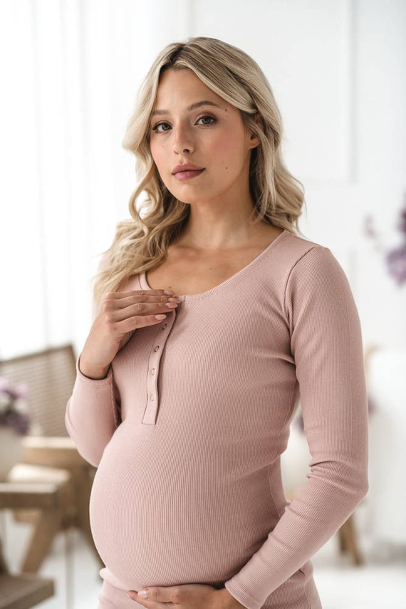 Tummy Sukienka ciążowa i do karmienia z dzianiny w prążek Milk&Love pudrowy róż