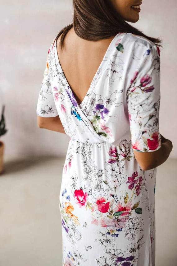 Sukienka ciążowa i do karmienia Two Ways LONG Milk&Love biała w kolorowe kwiaty