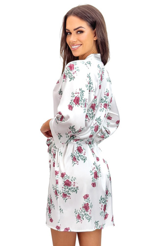 Krátký dámský župan Julia ecru donna – satén, květinový vzor, pásek v pase