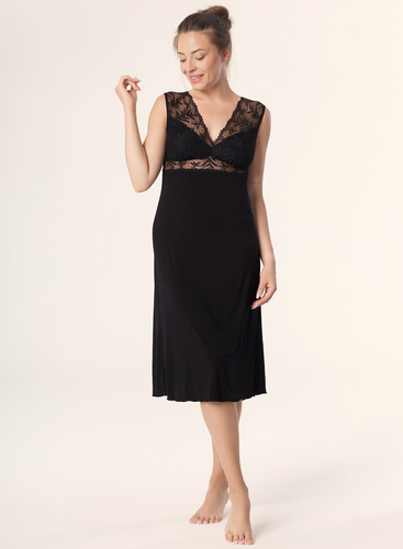 Noční košile Petra KM29 Mefemi by Nipplex černá- viskóza, krajka, délka do lýtek