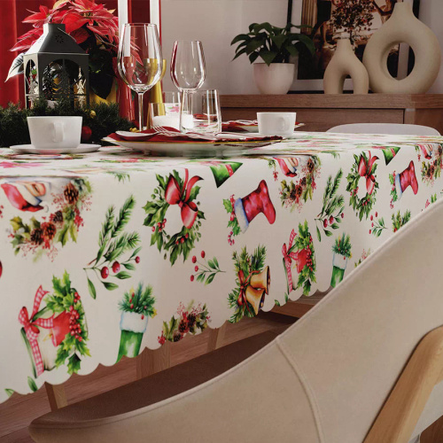 C03 Vánoční ubrus červený Markizeta - voděodolný, elegantní, lesklá výroba