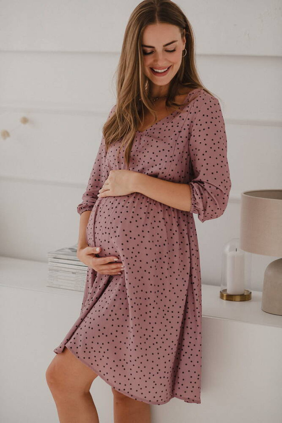 Lovely Dress sukienka ciążowa i do karmienia rękaw 3/4 Milk&Love liliowa w czarne groszki