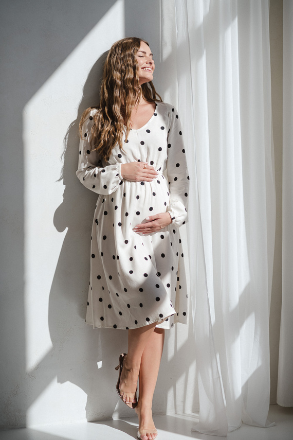 Krásné šaty Midi Milk&Love krémové těhotenské a kojící šaty z hrachového plátna, elegantní střih se zipy pro kojící matky