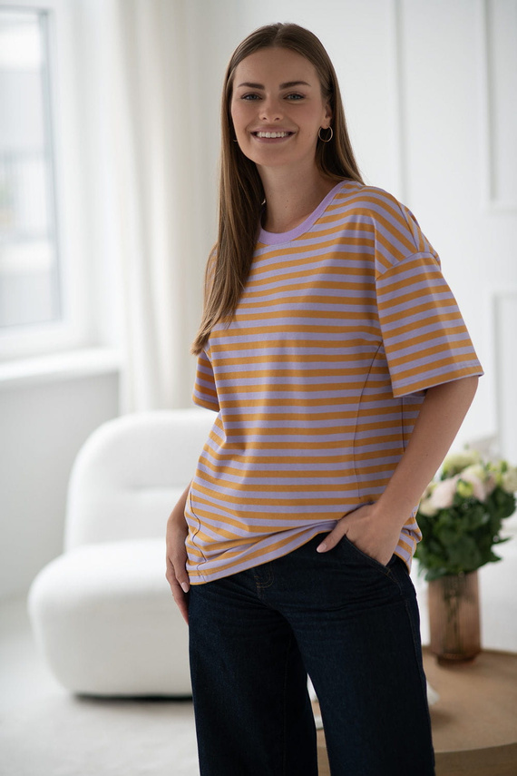 Mamahood Těhotenské a kojící tričko Milk&Love medové a lila pruhy - pohodlné a stylové