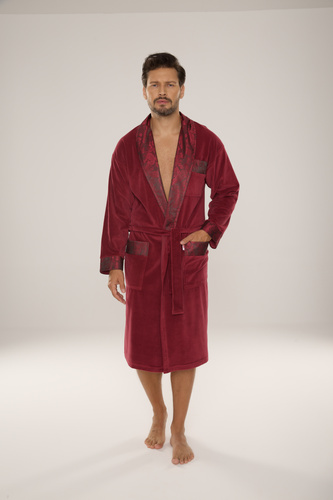 868 Noblesní pánský velurový župan De Lafense - elegantní, měkký, prémiový, vínový