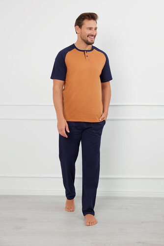 Alexander Pánské pyžamo s krátkým rukávem, dlouhé kalhoty Italian Fashion - koňaková/granátová