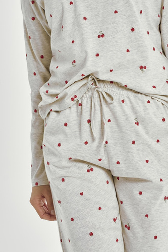 Adele 3430 Taro dámské pyžamo šedé bavlněné s dlouhým rukávem a motivem třešní